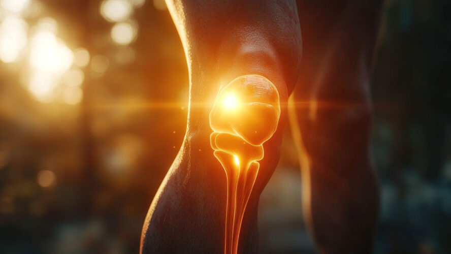 Knee joint highlighted, anatomical view, sunlight effect