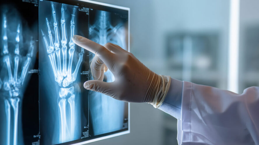 realistic close-up of doctor analyzing x-ray in hospital, modern clinical environment, white coat and gloves