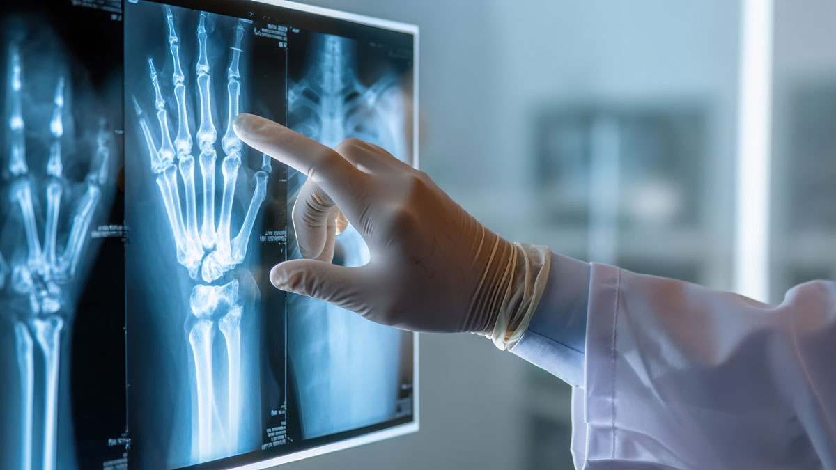 realistic close-up of doctor analyzing x-ray in hospital, modern clinical environment, white coat and gloves