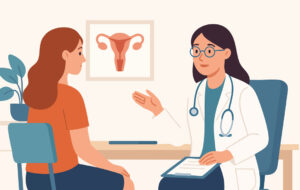Vector illustration of a doctor explaining uterus anatomy to a patient.