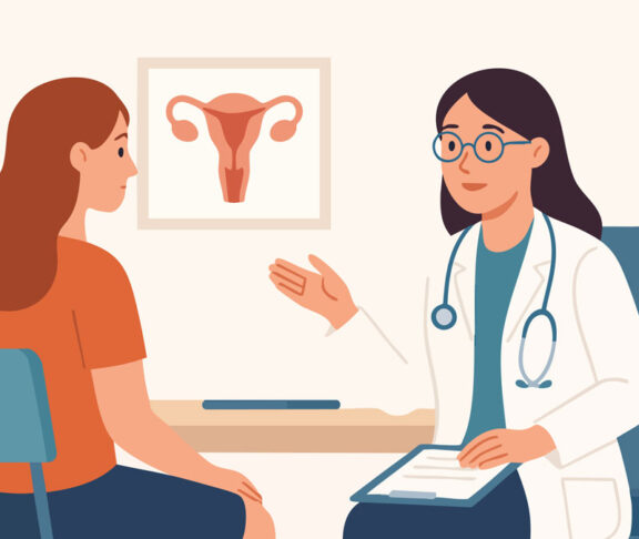 Vector illustration of a doctor explaining uterus anatomy to a patient.