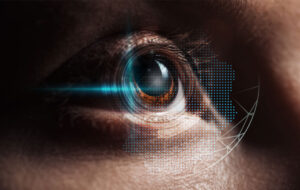 close up view of human eye in darkness with data illustration, robotic concept