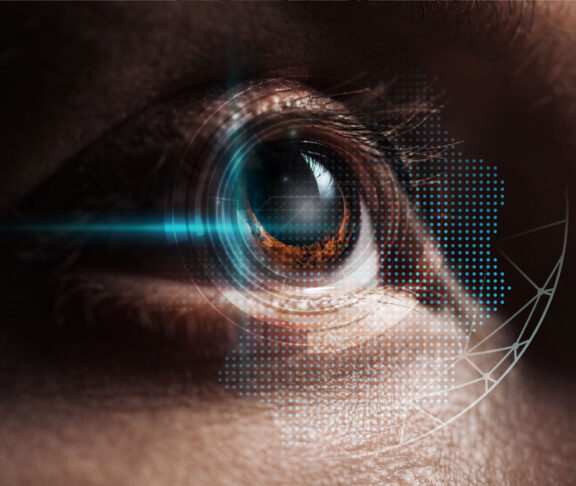 close up view of human eye in darkness with data illustration, robotic concept