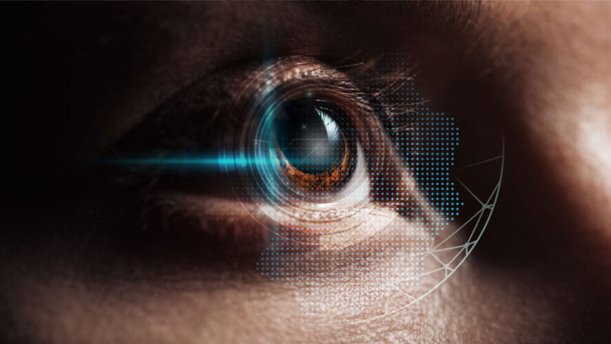 close up view of human eye in darkness with data illustration, robotic concept