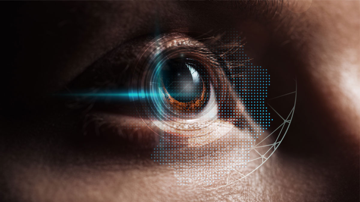 close up view of human eye in darkness with data illustration, robotic concept