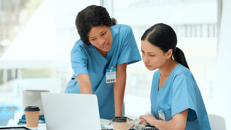 Doctors, women and laptop for research, brainstorming or internet with results, medical website or email. People, colleagues or nurses with pc, online reading or schedule for hospital ward or network