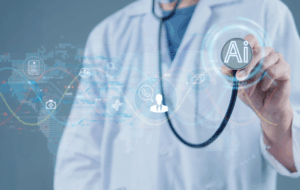 Innovative AI healthcare concept with a doctor holding a stethoscope, digital icons, and futuristic technology background. Perfect for medical and tech visuals.
