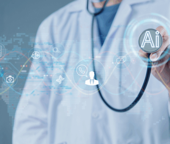 Innovative AI healthcare concept with a doctor holding a stethoscope, digital icons, and futuristic technology background. Perfect for medical and tech visuals.