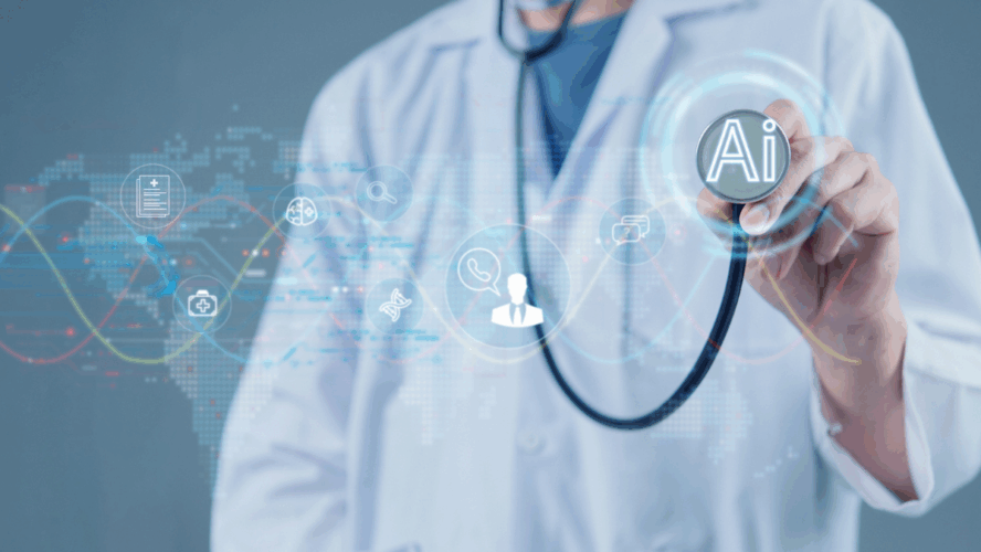 Innovative AI healthcare concept with a doctor holding a stethoscope, digital icons, and futuristic technology background. Perfect for medical and tech visuals.