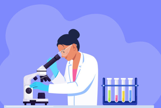 Young woman scientist looking through a microscope in a laboratory doing chemical research, microbiological analysis or medical test.