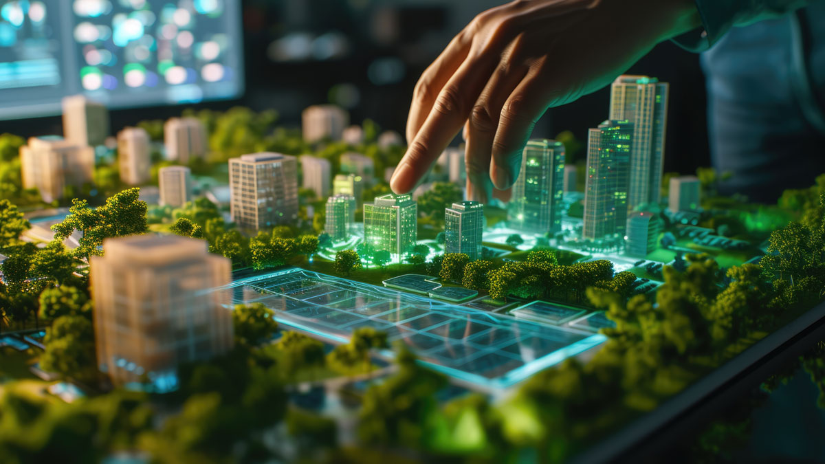 An urban planner interacts with a detailed city model, focusing on sustainable development and green spaces