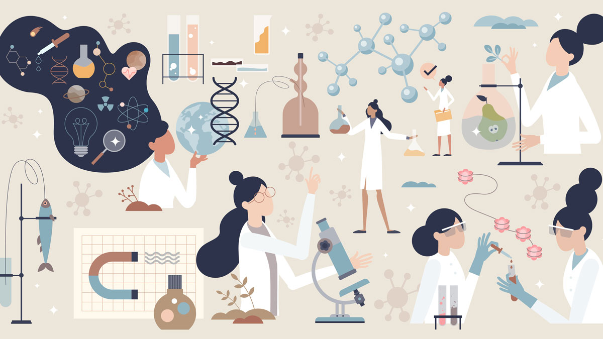 Woman in science set or female scientist in laboratory tiny person collection