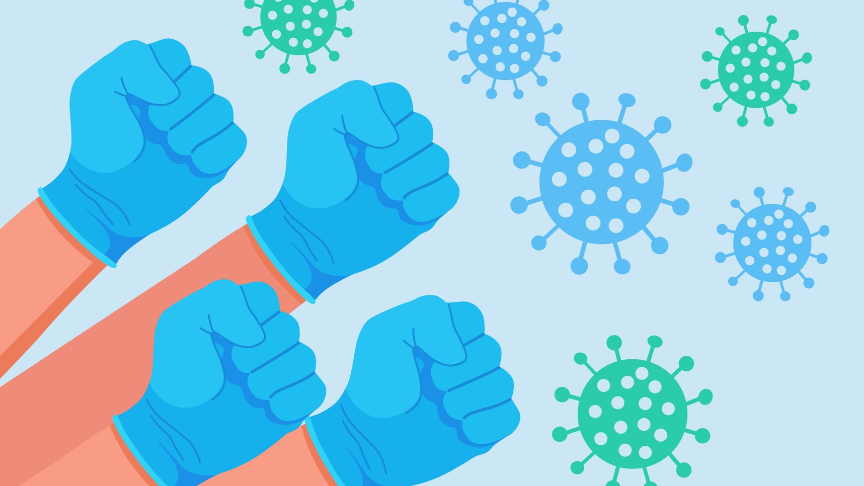 Raised clenched fist of patients and medical workers. human hands in blue protective medical gloves.