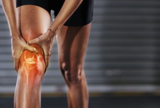 Knee injury, red muscle and man exercise with medical pain, body strain and sports emergency. Legs, wound and fitness accident from workout, arthritis and skeleton anatomy for orthopedic first aid