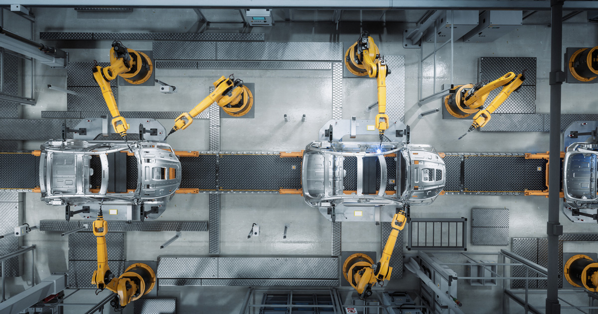 Aerial Car Factory 3D Concept: Automated Robot Arm Assembly Line Manufacturing Advanced High-Tech Green Energy Electric Vehicles. Construction, Building, Welding Industrial Production Conveyor
