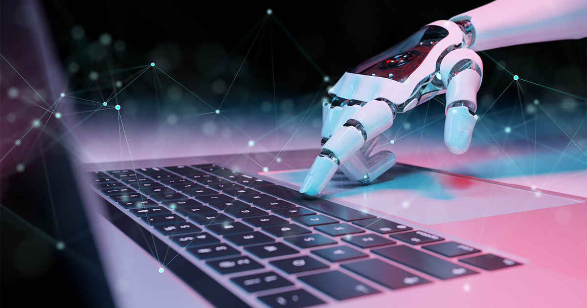 Robotic hand pressing a keyboard on a laptop 3D rendering