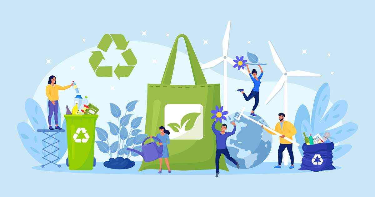 People using eco bag, sorting plastic waste for recycling.