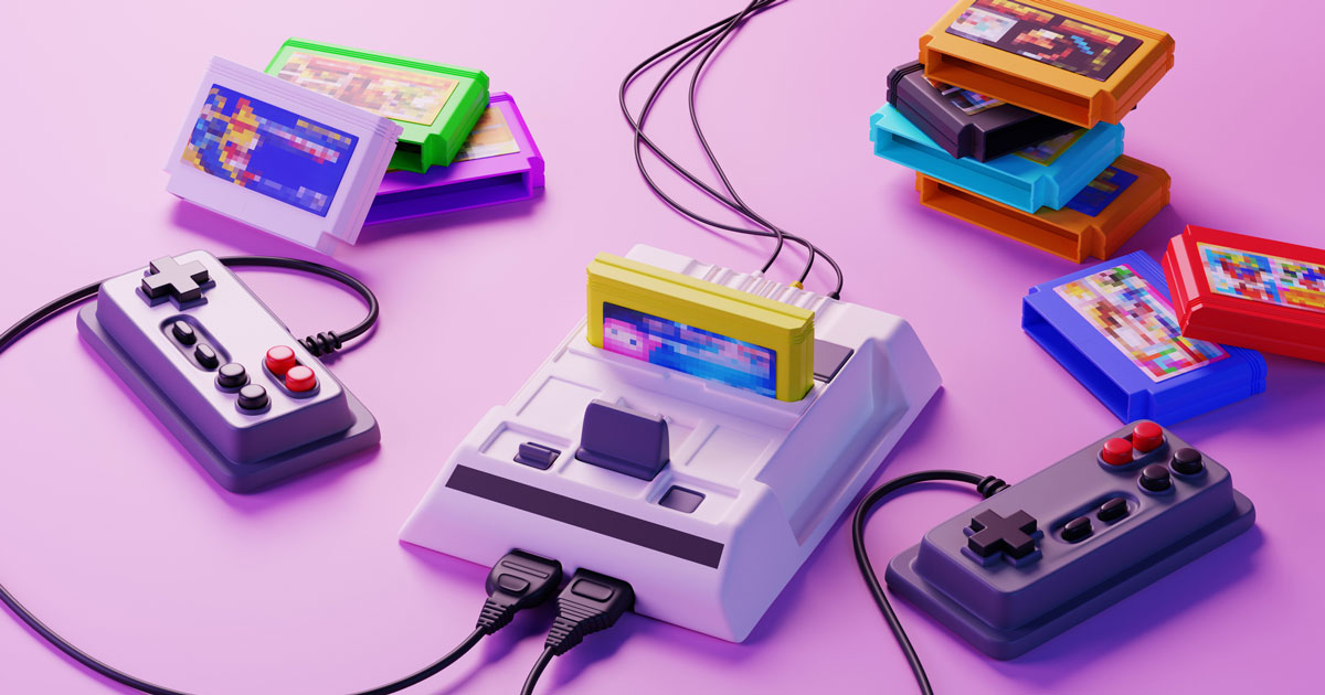 3d illustration. Old-fashioned gamepads, game console and floppy disks(cartridges) in pink blue gradient neon light. Retro media, 90s entertainment. 3d rendering.