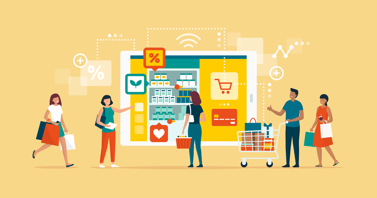 Happy people doing grocery shopping online and shopping smartphone app: technology, retail and communication concept