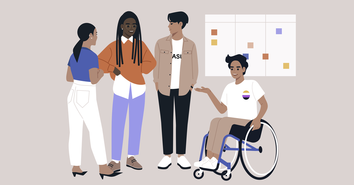 Within an inclusive office environment, a diverse group of young millennial characters collaborates seamlessly on a project, engaged in a staff meeting
