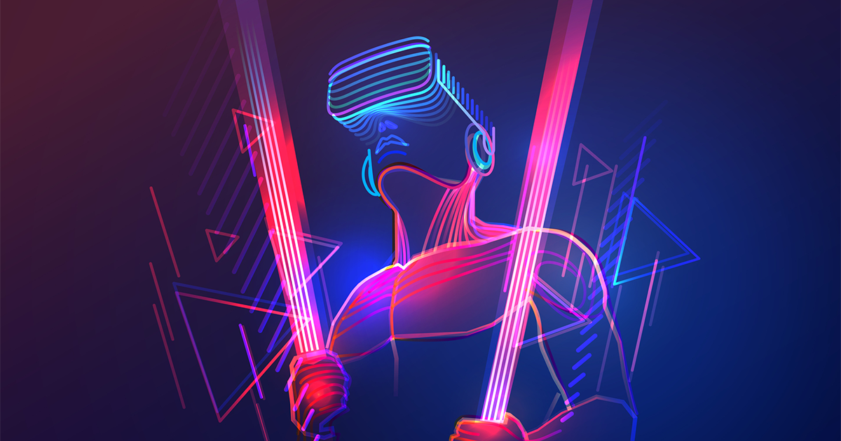 Virtual reality gaming. Man wearing vr headset and using light saber in abstract digital world with neon lines.
