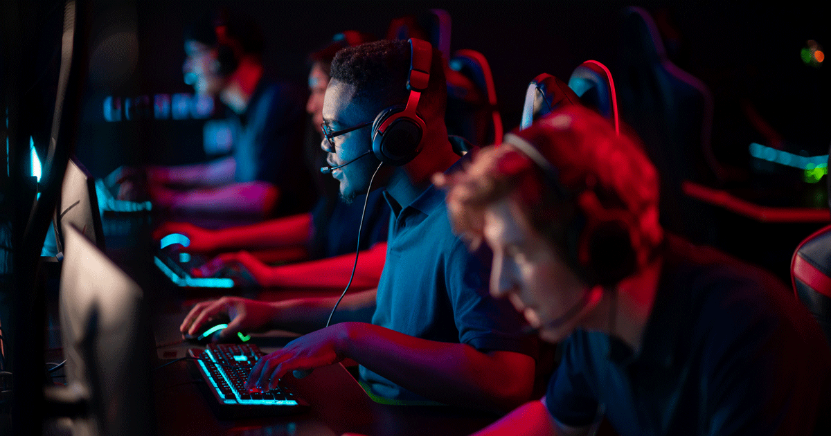 Professional esports players at an online game tournament. The cyber team plays computers and trains