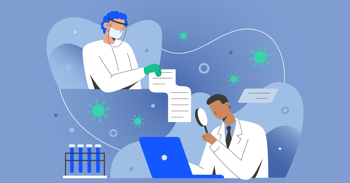 Covid research concept, medical doctors sharing data with scientisists working together on antiviral coronavirus remedy, developing vaccine. Medical doctor in gown in laboratory using computer. Vector illustration, cartoon characters.