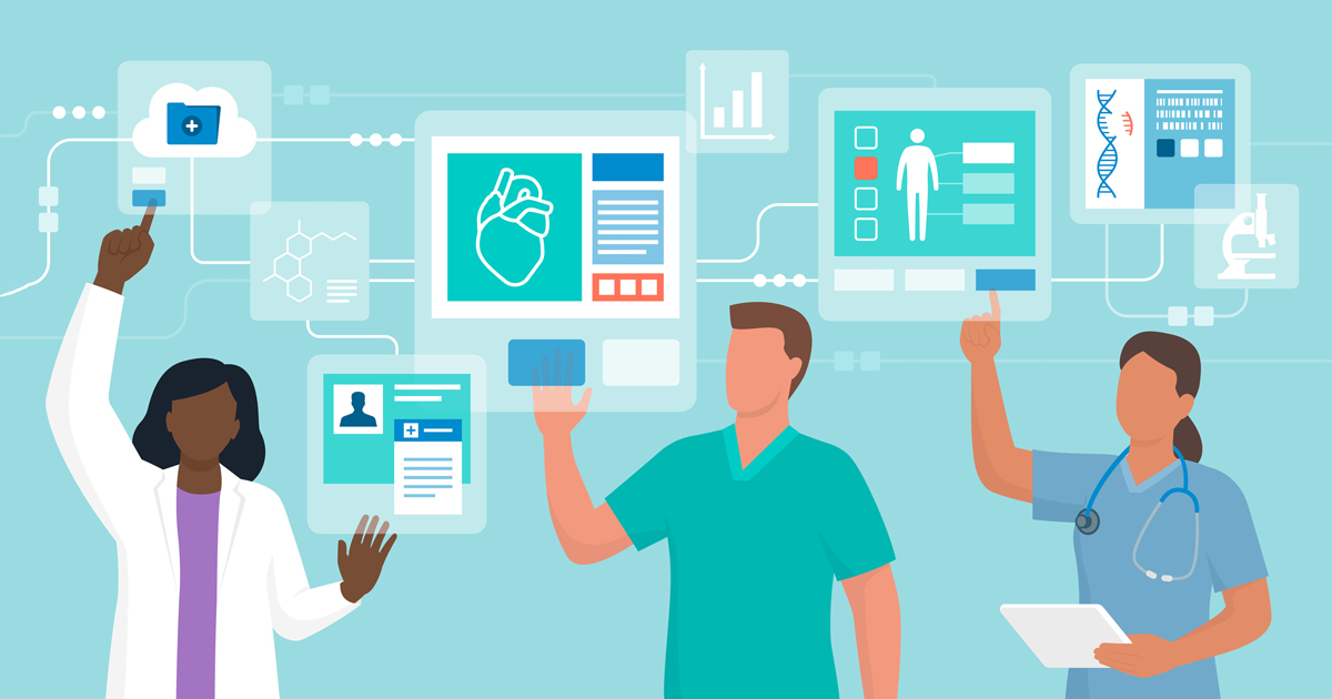Professional doctors interacting with virtual interfaces online, they are checking electronic medical records, telemedicine and virtual reality concept.