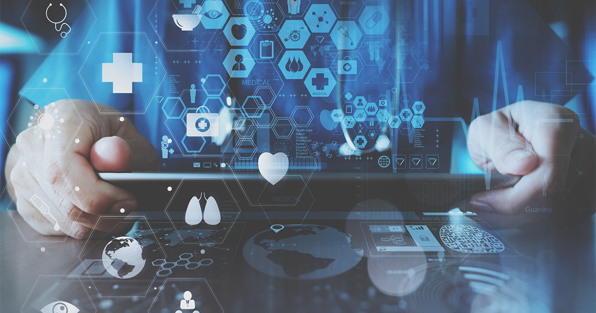 Smart doctor hand working with modern laptop computer in modern office with virtual icon diagram