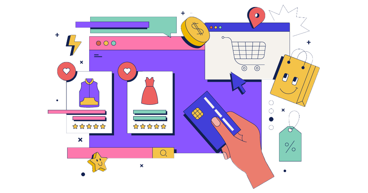 Shopping web concept with character scene. Purchases and ordering goods, making online payment in credit card. Vector illustration for marketing material.