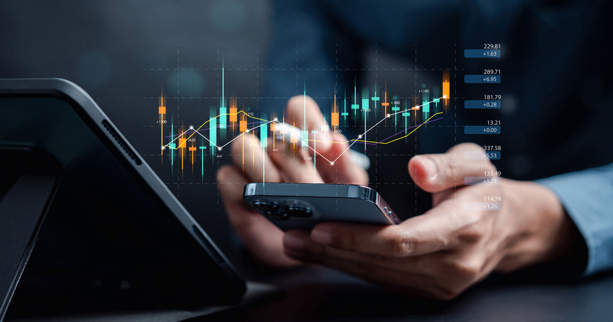 Businessmen investor think before buying stock market investment using smartphone to analyze trading data.
