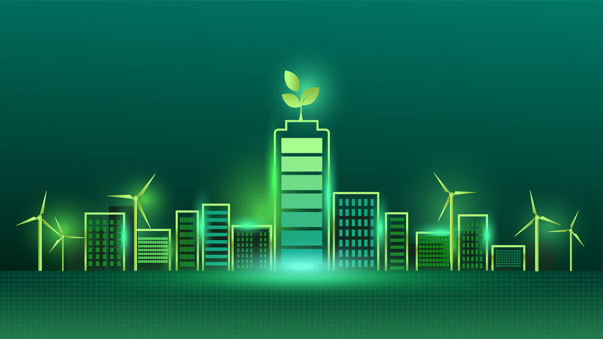 Ecology concept with green eco city background. Environment conservation resource sustainable, urban environment concept. - stock illustration