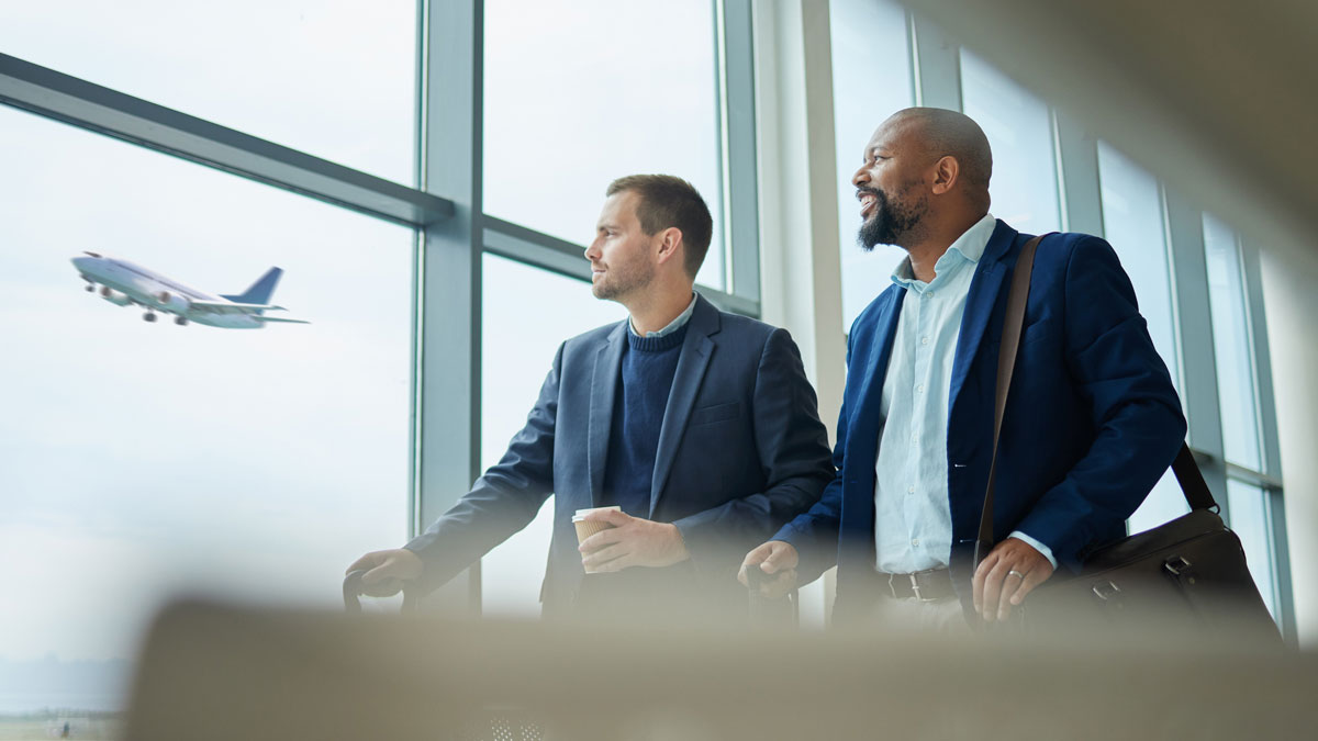 Travel for business, team of men at airport for flight, conversation with conference or seminar