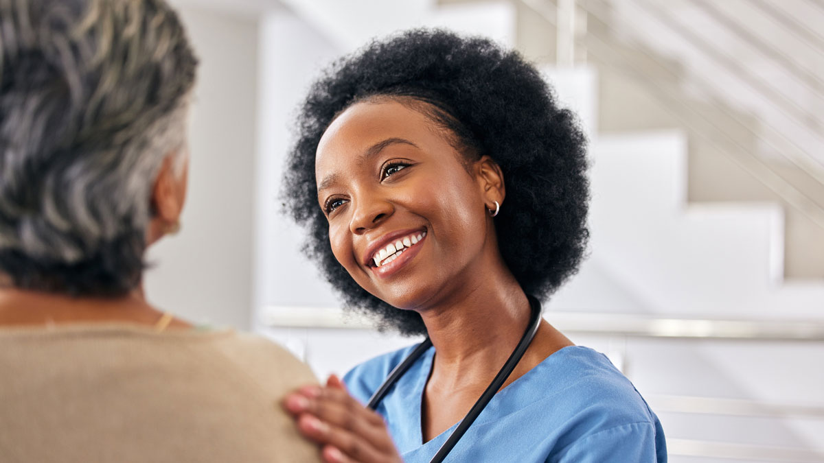 Black woman nurse, senior patient and help at retirement home with elderly care, support and counseling