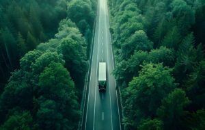 Promoting Sustainable Transport: Aerial view of a hydrogen energy truck driving on a forested highway. Concept Sustainable Transport, Hydrogen Energy, Truck Driving, Forested Highway, Aerial View