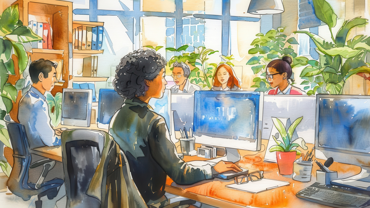 Inclusive Workplace A watercolor depiction of a diverse office environment, highlighting the importance of inclusivity