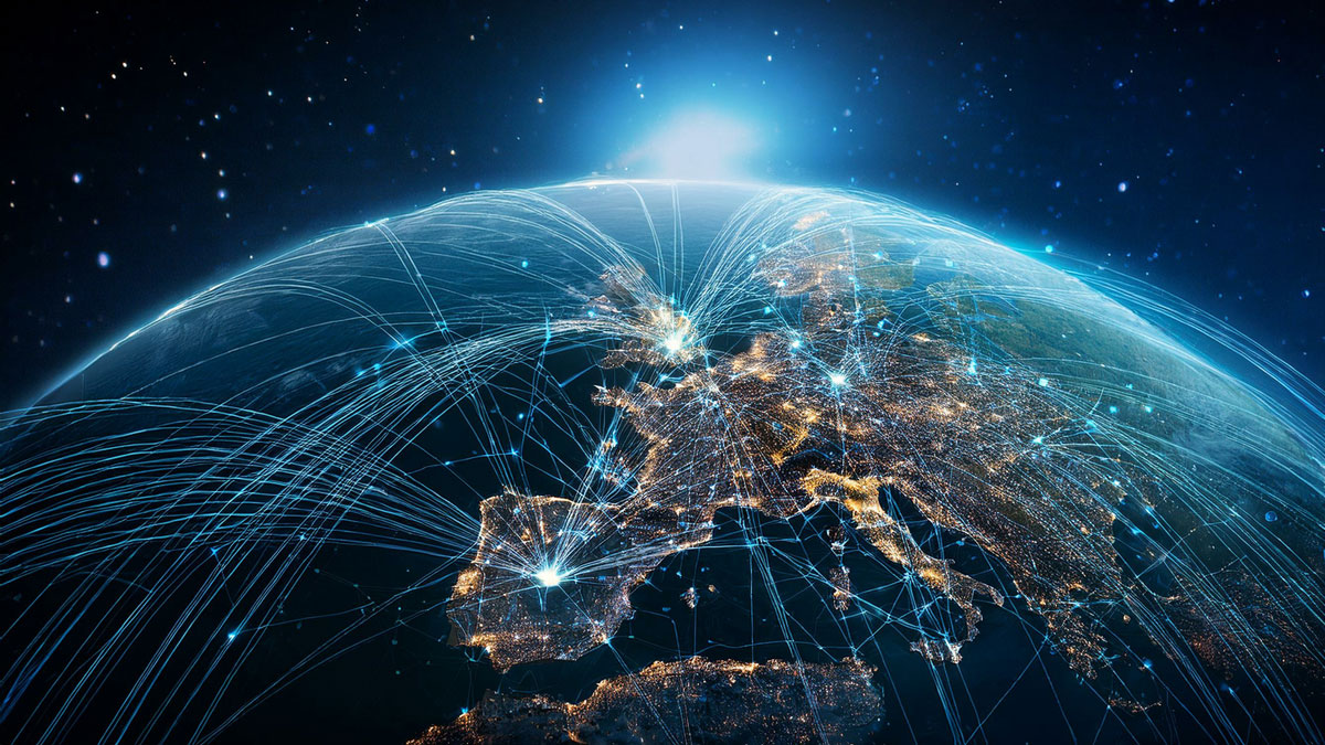 Capture Earth from space, adorned with intricate data overlays tracking global technology reach Utilize a photorealistic digital technique to emphasize the vast impact