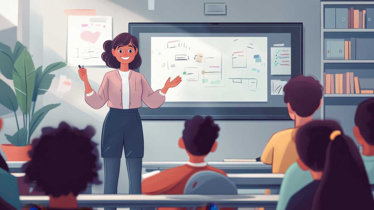 A female teacher with a big smile explaining a lesson at the smart board, while students in the foreground eagerly take notes in a modern and energetic classroom setting