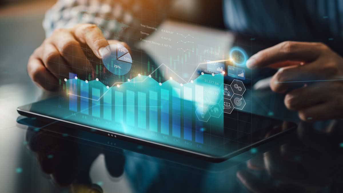 Business analysis big data screen and economic growth with financial graph. Concept of virtual dashboard technology digital marketing and global economy network connection. 3D illustration