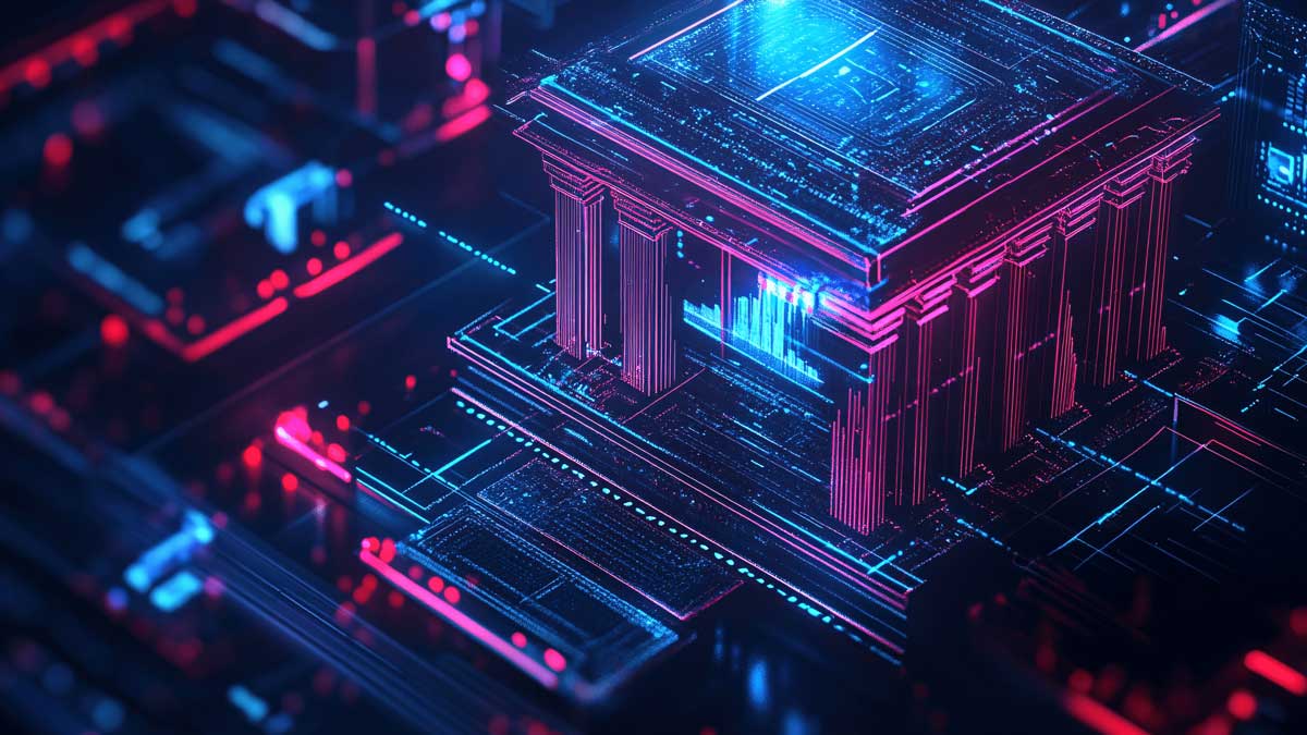 Glowing digital bank icon with abstract futuristic design and lines. Concept of blockchain, digital payments and financial security, Generative AI