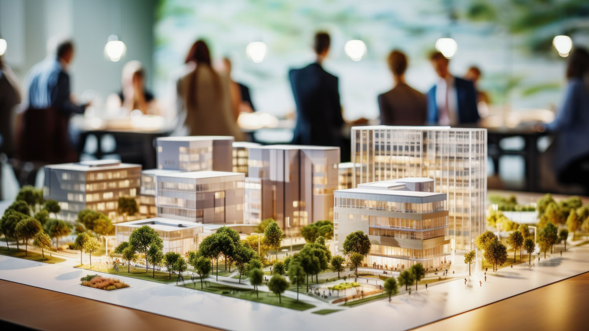 Complex scale model on the table, real estate developers, architects and businessmen team working on new business buildings project in office