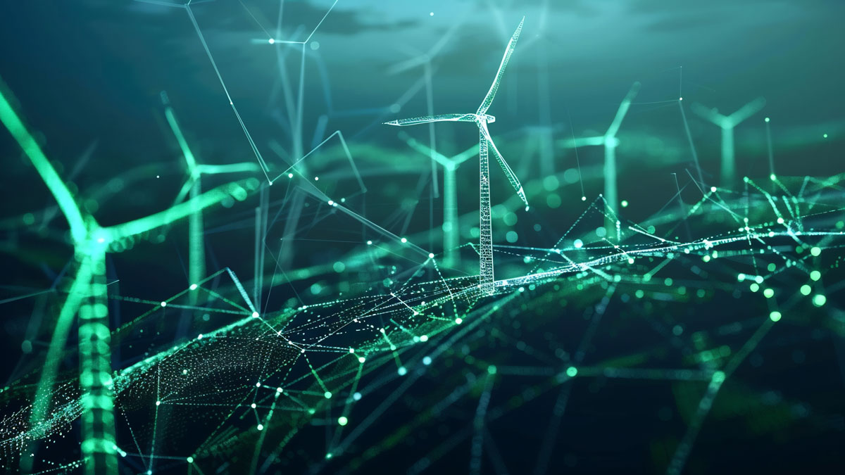 Visualizing Sustainable Power. This image portrays a network of wind turbines, interconnected by a digital web, symbolizing the future of renewable energy and its integration with technology