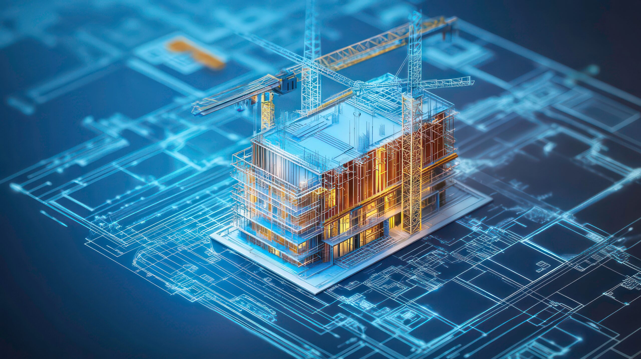 digital construction building information modeling bim concept with 3d model and blueprints vector illustration