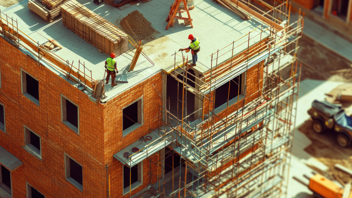 Residential building construction with workers laying bricks and scaffolding surrounding the structure, suburban backdrop