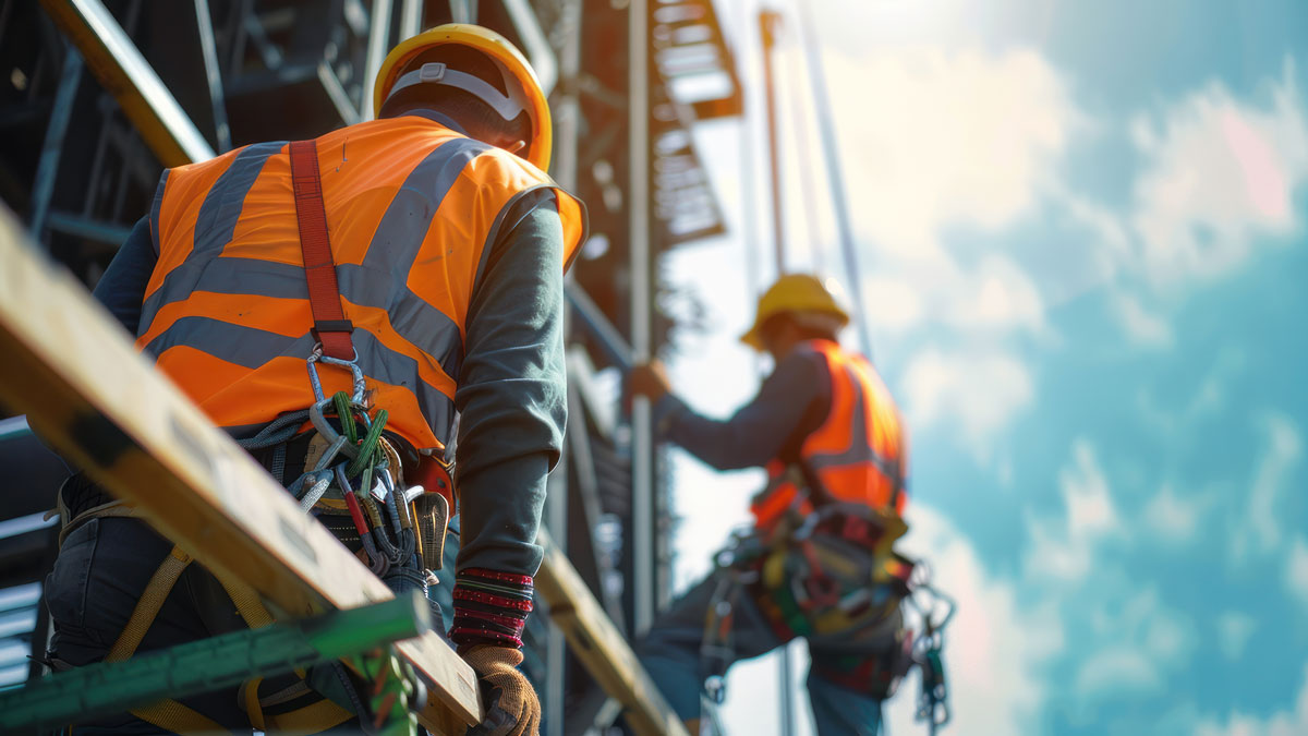 Construction workers wearing safety equipment while working at height industrial project. Fall arrestor device for worker with hooks for safety body harness on the roof structure. Safety concept