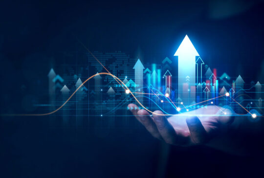 Businessman holding growth graph of business. Successful business, growth strategy and achieving goals with the rising arrow. Business strategy development and growing growth plan