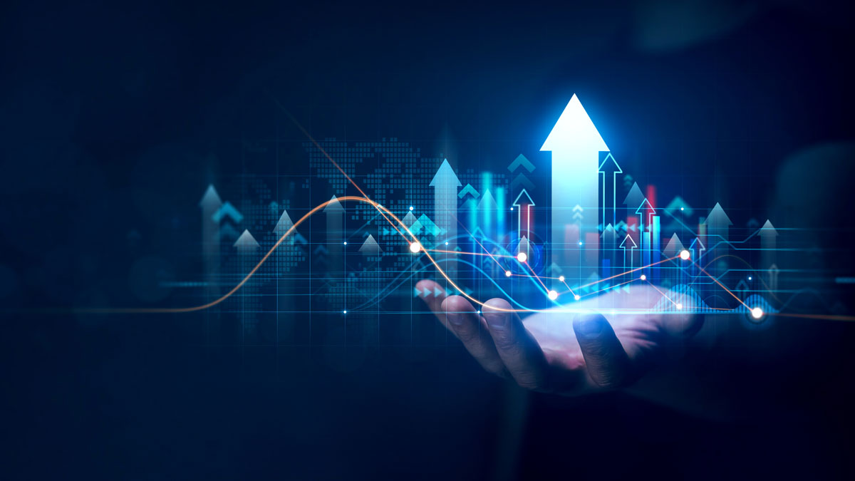 Businessman holding growth graph of business. Successful business, growth strategy and achieving goals with the rising arrow. Business strategy development and growing growth plan