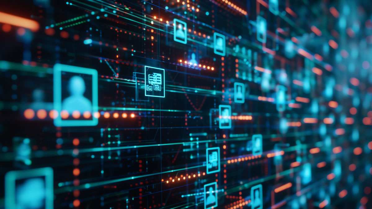 An encrypted blockchain network visualized on a monitor with secure nodes representing individual patient records emphasizing the high level of data confidentiality and security