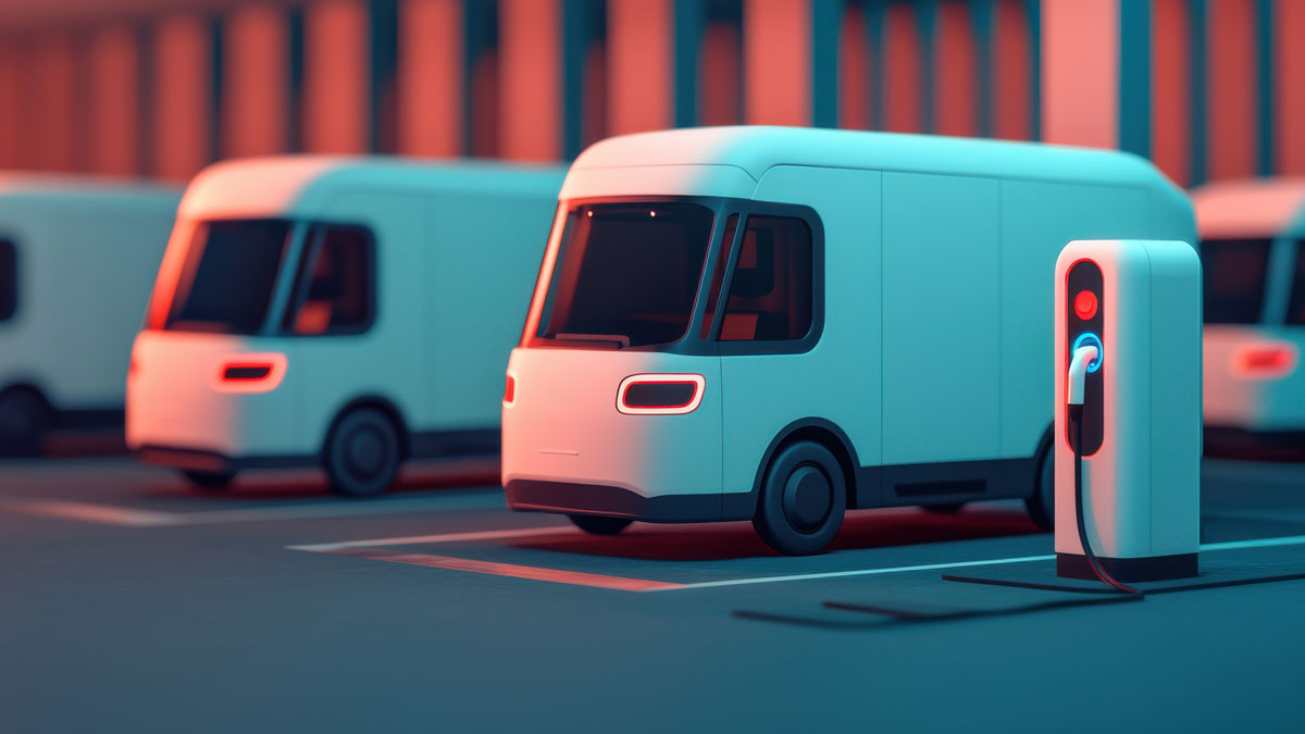 Electric delivery vans charging in modern fleet parking lot at sunset with vibrant lighting effects