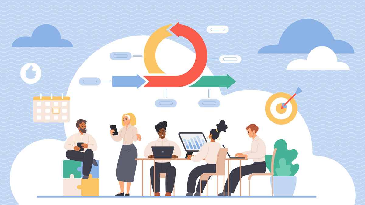 Scrum process of business project development by team with agile methodology. Tiny people work with daily task sprint method for workflow management and integration cartoon vector illustration